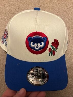 New Era White & Blue 9FORTY Cap with Bear Patch and Rose Embroidery